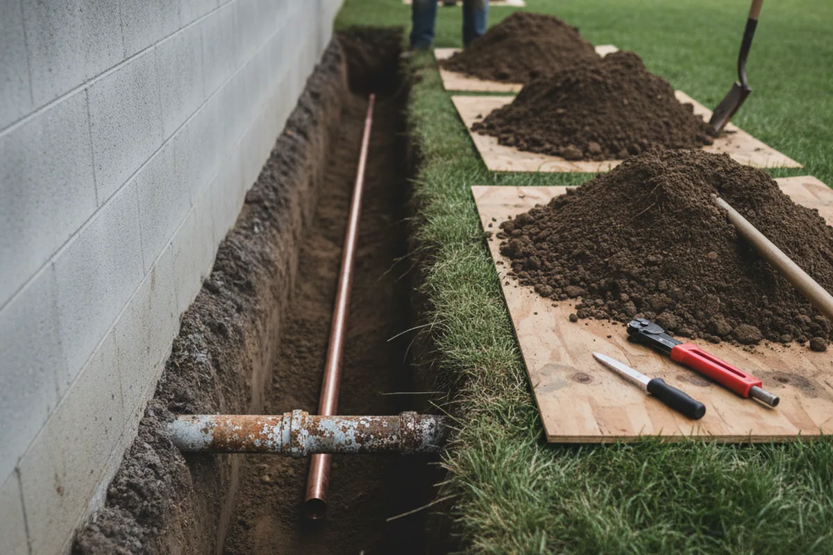 Excavated water line trench during Sewer Line Repair in Marion